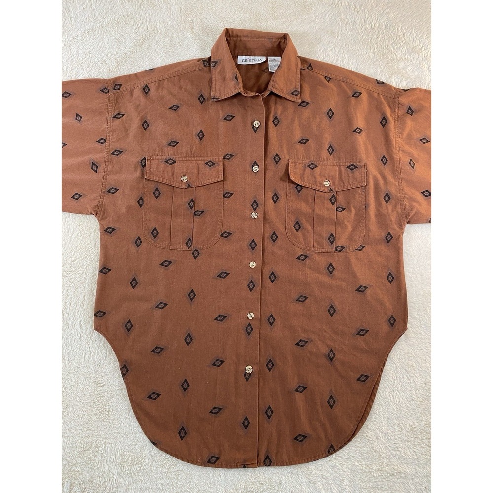 Western Aztec Cowboy Cowgirl Diamond All Over Print Button Up Shirt Size Medium - Picture 2 of 8